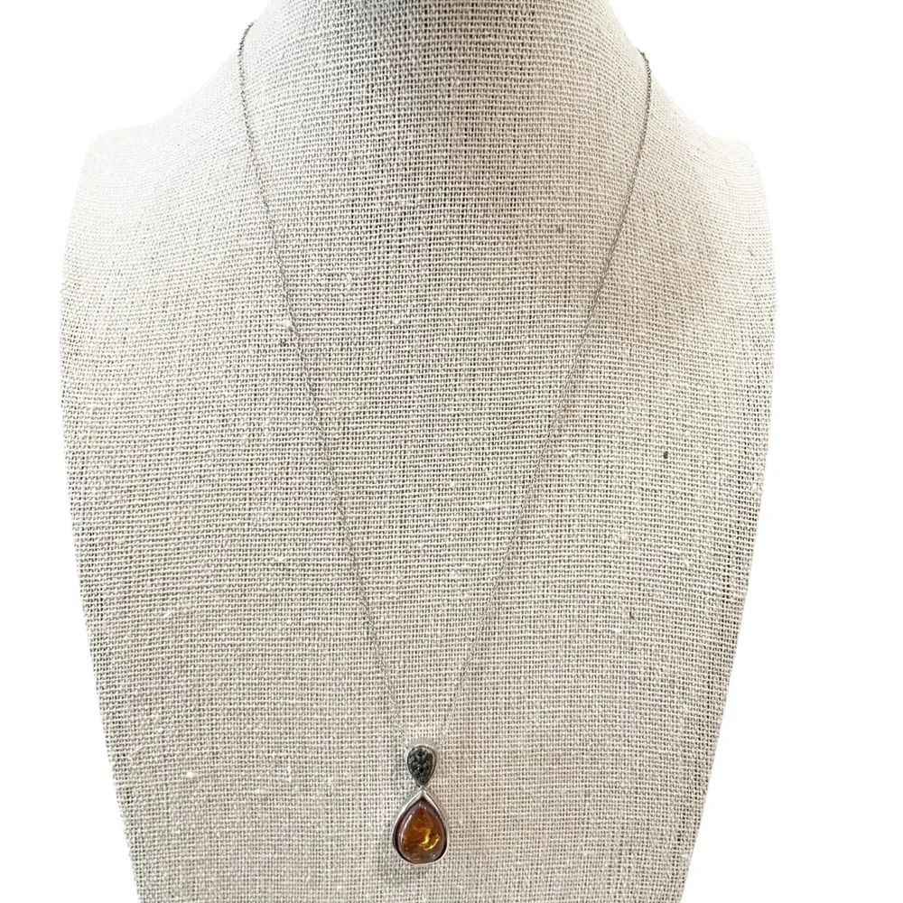 JTV Teardrop Amber and Black Stone Pendant Necklace Sterling Silver - Picture 1 of 5